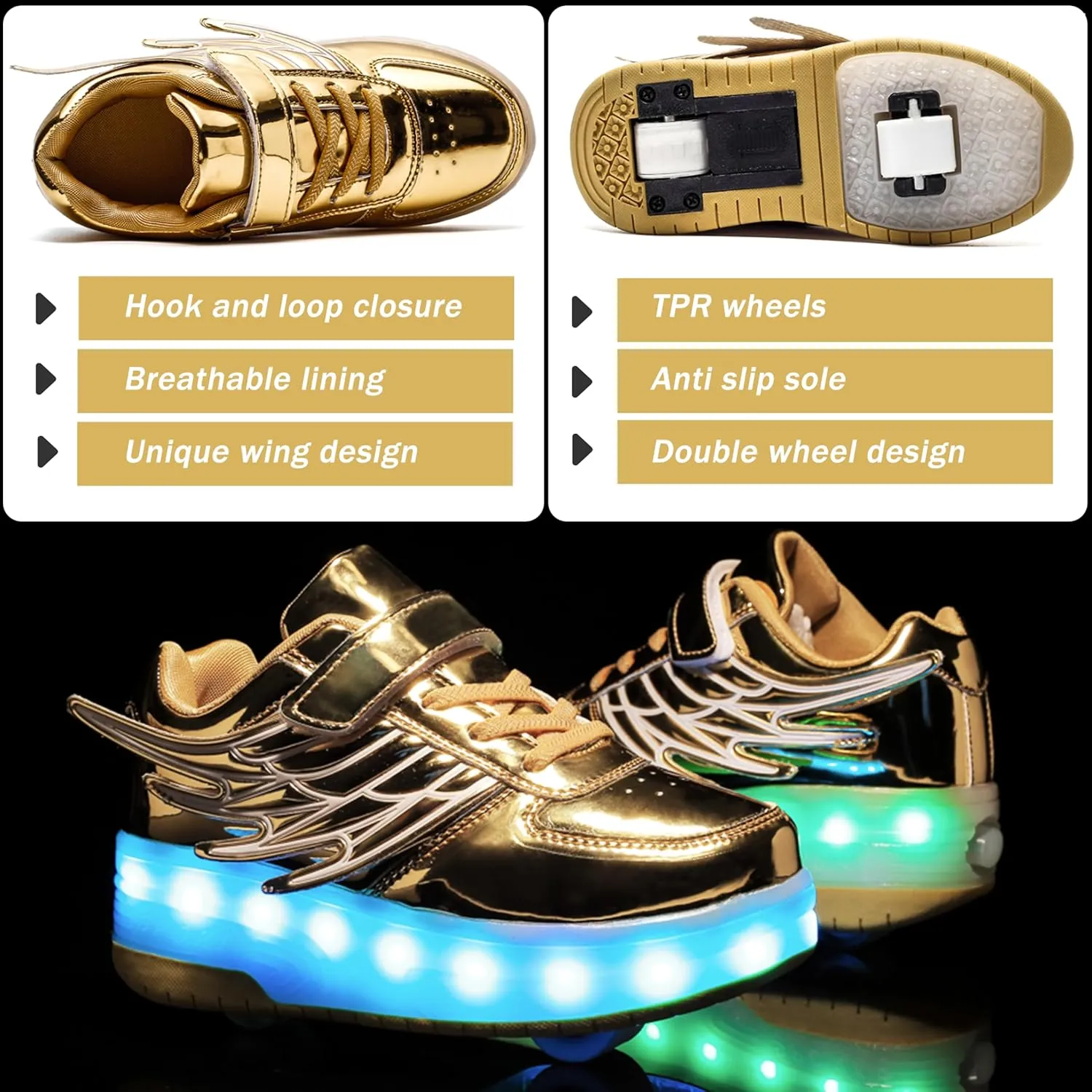 Aikuass USB Chargable LED Light Up Roller Shoes Wheeled Skate Sneaker Shoes for Boys Girls Kids