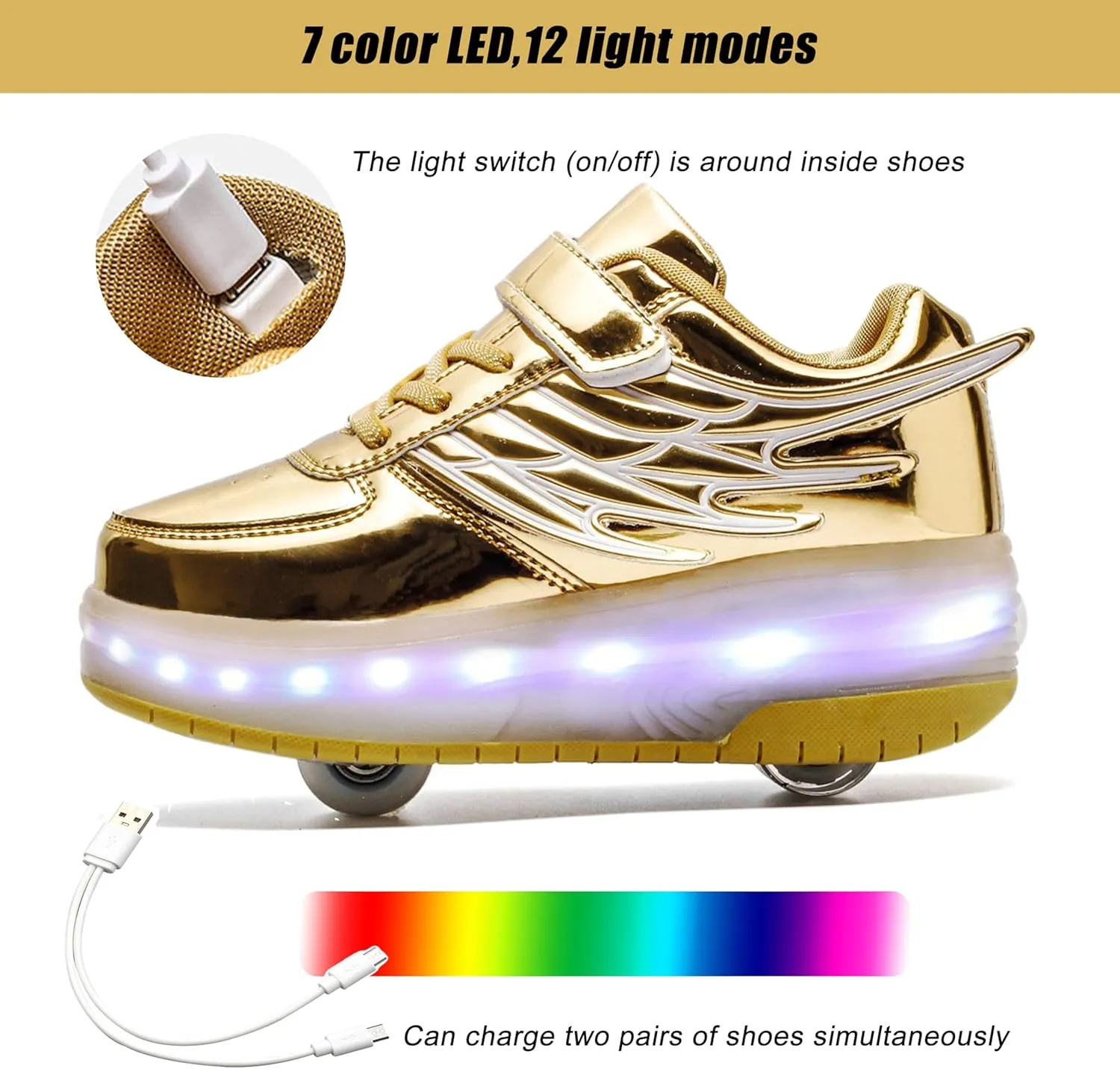 Aikuass USB Chargable LED Light Up Roller Shoes Wheeled Skate Sneaker Shoes for Boys Girls Kids