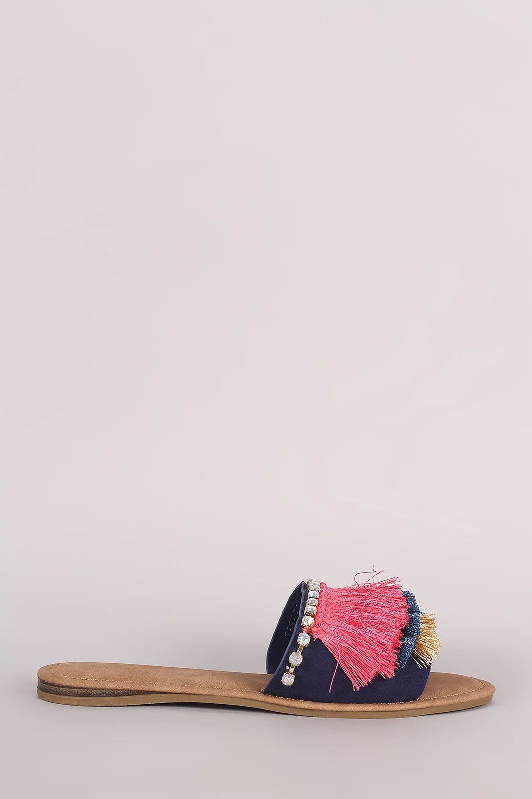 Bamboo Suede Tiered Fringe Rhinestone Slide Sandal