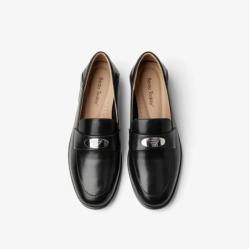 BeauToday Classic Round Toe Womens Penny Loafers Business Casual Cow Leather Slip-on Flat Loafers