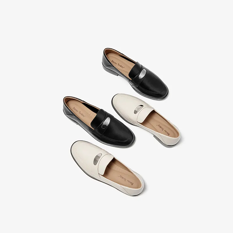 BeauToday Classic Round Toe Womens Penny Loafers Business Casual Cow Leather Slip-on Flat Loafers