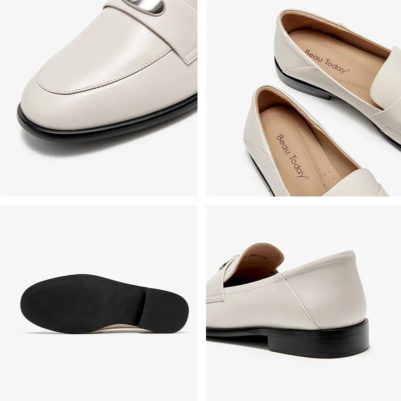 BeauToday Classic Round Toe Womens Penny Loafers Business Casual Cow Leather Slip-on Flat Loafers