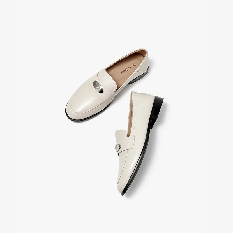 BeauToday Classic Round Toe Womens Penny Loafers Business Casual Cow Leather Slip-on Flat Loafers