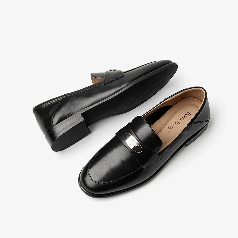 BeauToday Classic Round Toe Womens Penny Loafers Business Casual Cow Leather Slip-on Flat Loafers