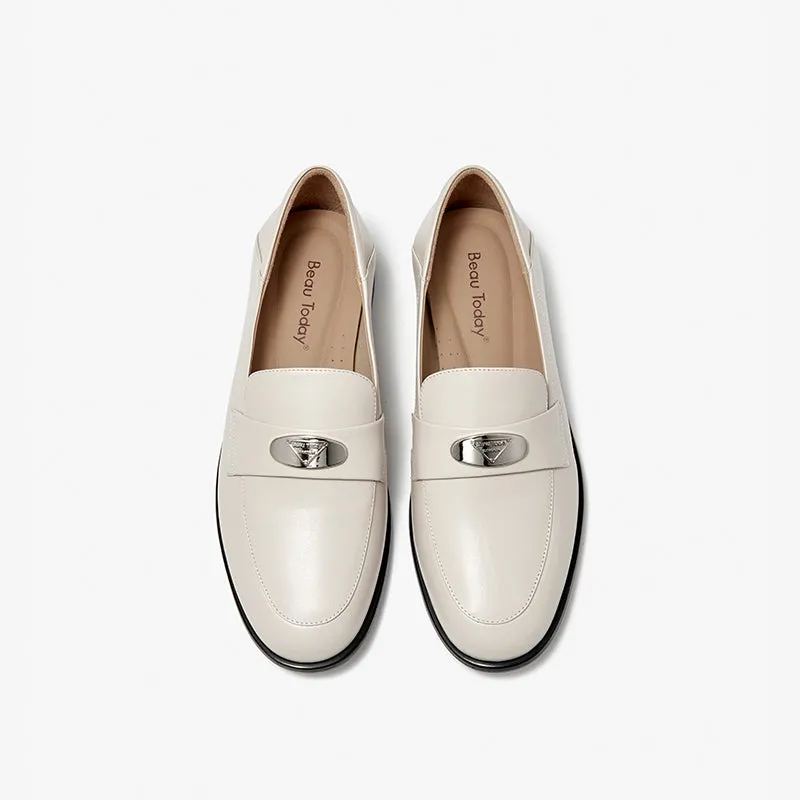 BeauToday Classic Round Toe Womens Penny Loafers Business Casual Cow Leather Slip-on Flat Loafers