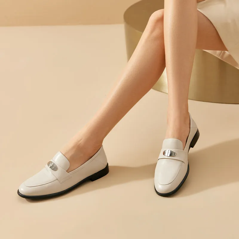 BeauToday Classic Round Toe Womens Penny Loafers Business Casual Cow Leather Slip-on Flat Loafers