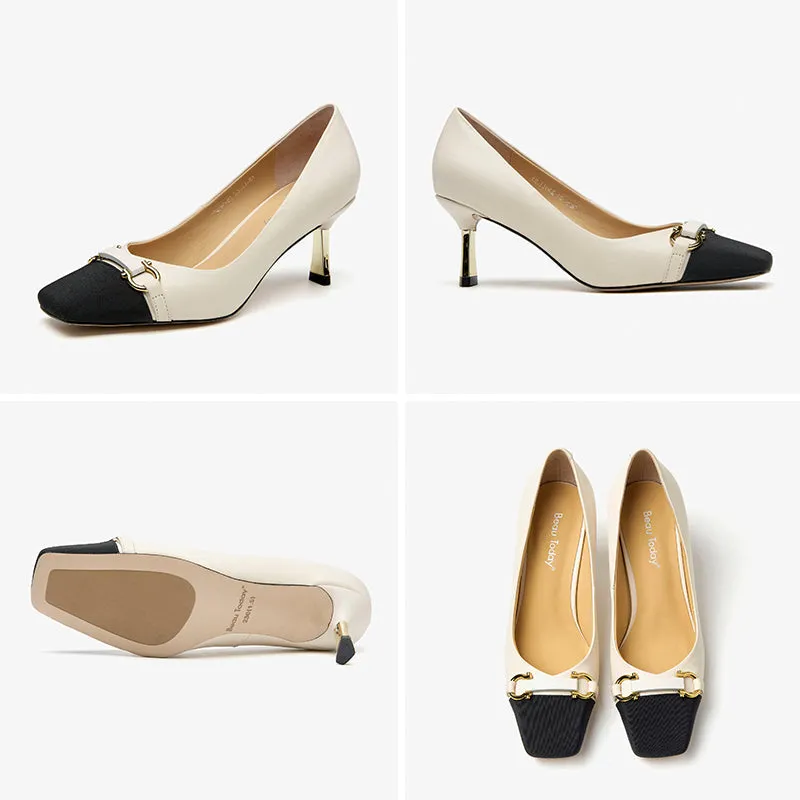 BeauToday Women's Buckle Decor Mary Jane Shoes Square Toe Heeled Pumps