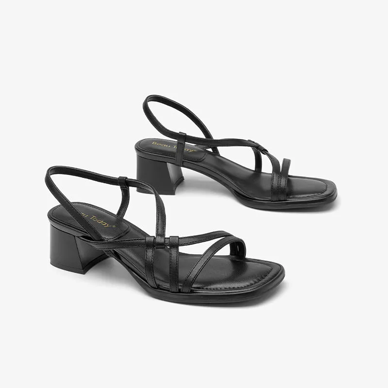 BeauToday Women's Leather Simple Strappy Sandals with Block Heeled