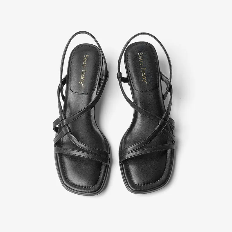 BeauToday Women's Leather Simple Strappy Sandals with Block Heeled
