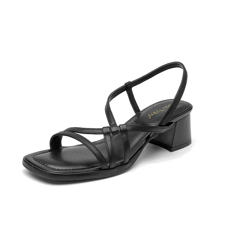 BeauToday Women's Leather Simple Strappy Sandals with Block Heeled