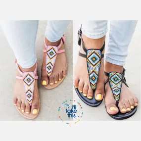 Bohemian Flip Flops, Beach Sandals with Gorgeous handmade Beads in Pink or Black Vegan leather