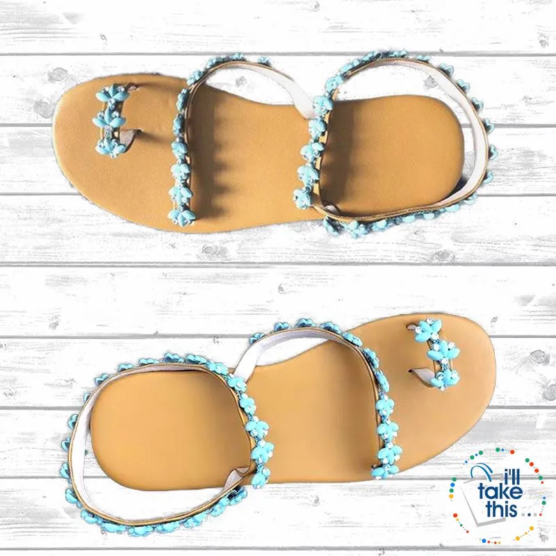 Bohemian Floral Design Handmade Sandals sprinkled with Turquoise stone & Crystals, IDEAL Flip Flops