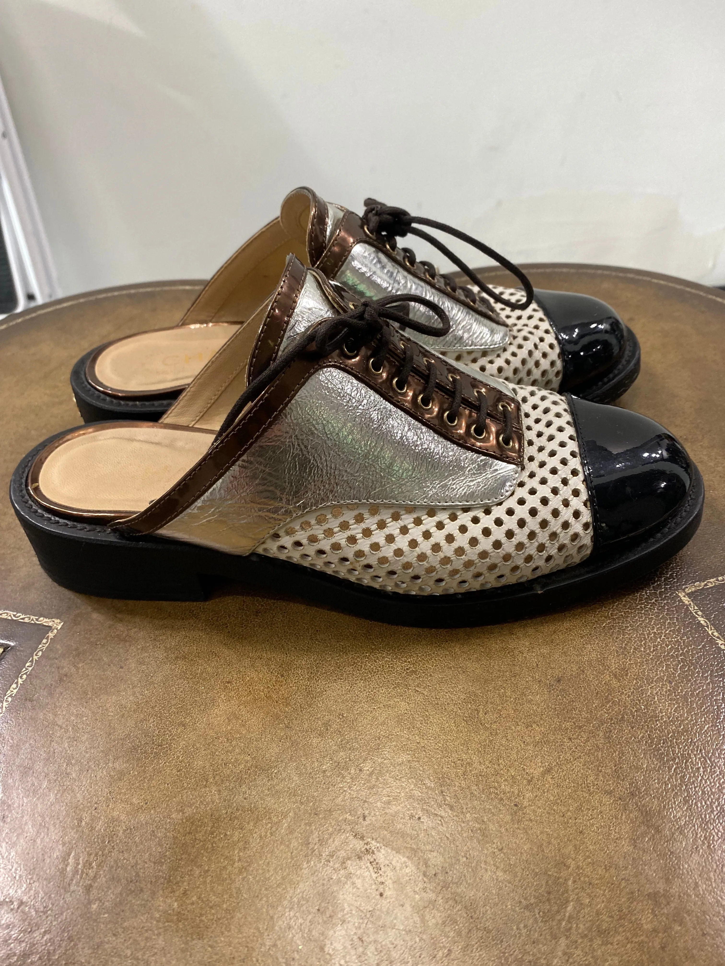 CHANEL PERFORATED LAMBSKIN LEATHER LACE-UP MULES