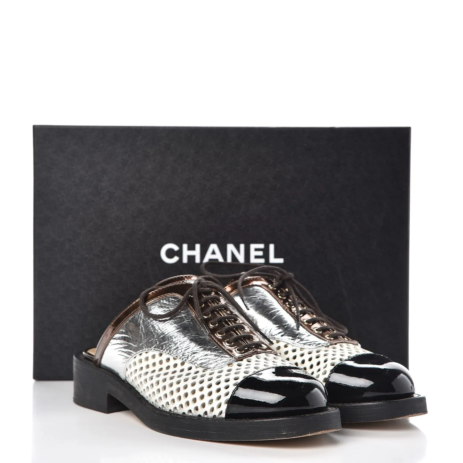 CHANEL PERFORATED LAMBSKIN LEATHER LACE-UP MULES