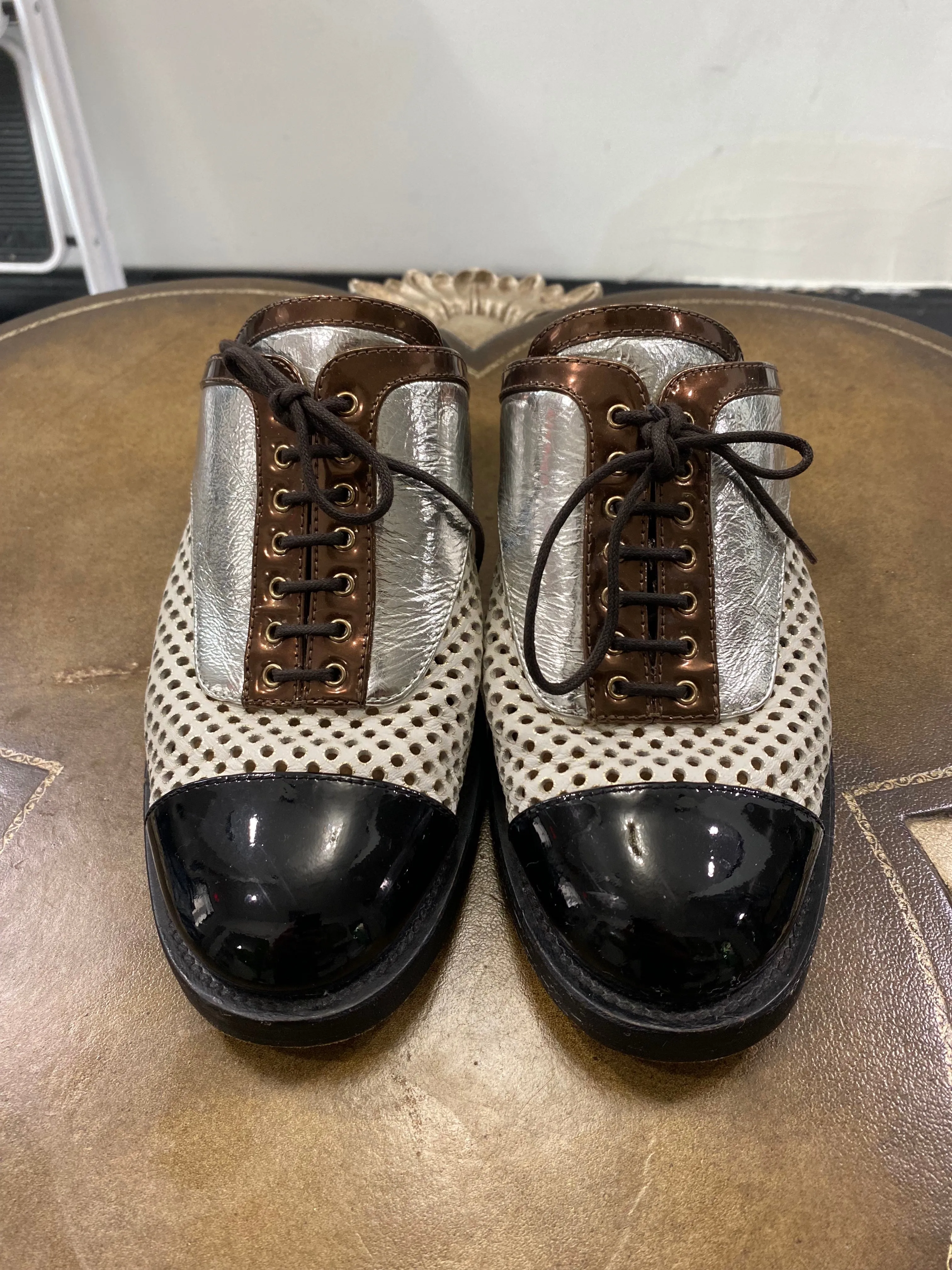 CHANEL PERFORATED LAMBSKIN LEATHER LACE-UP MULES