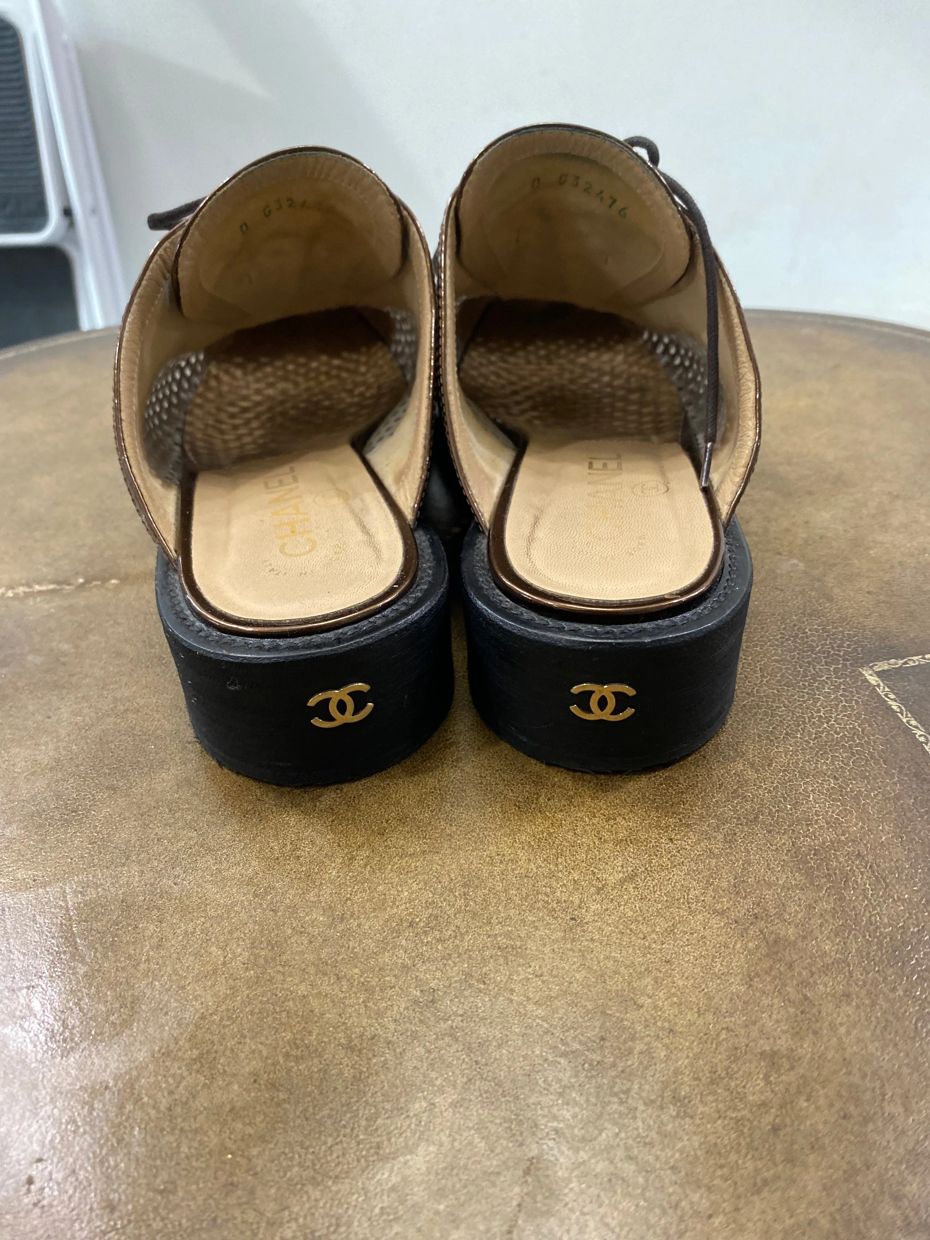 CHANEL PERFORATED LAMBSKIN LEATHER LACE-UP MULES