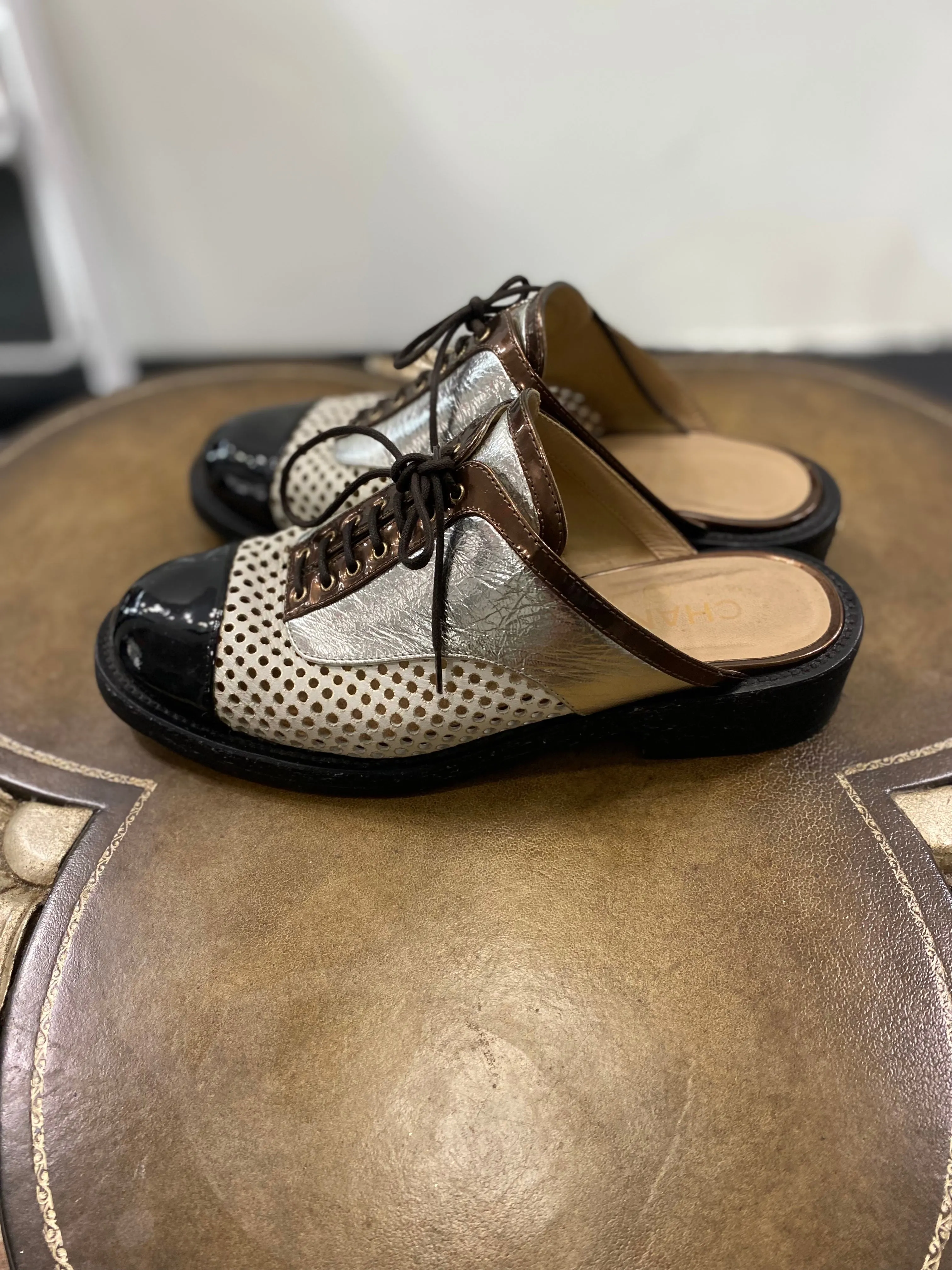 CHANEL PERFORATED LAMBSKIN LEATHER LACE-UP MULES