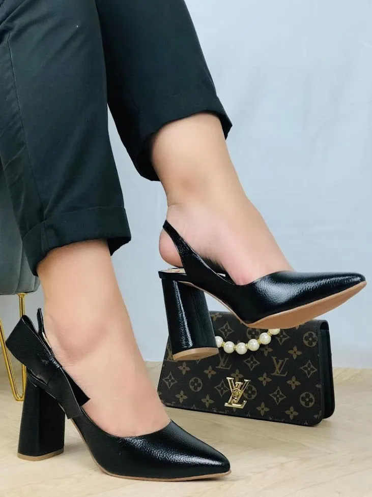 Classic Black Faux Leather Block Heels