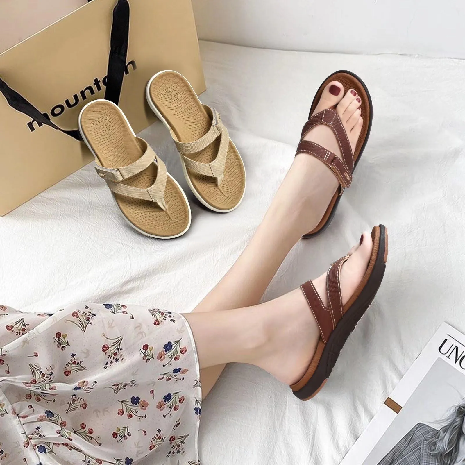 COFACE Damen Flip-Flops mit Fußbett, orthopädisch, Leder, breite Passform – ideal für Sommer, Strand & Plantarfasziitis, Größe 8