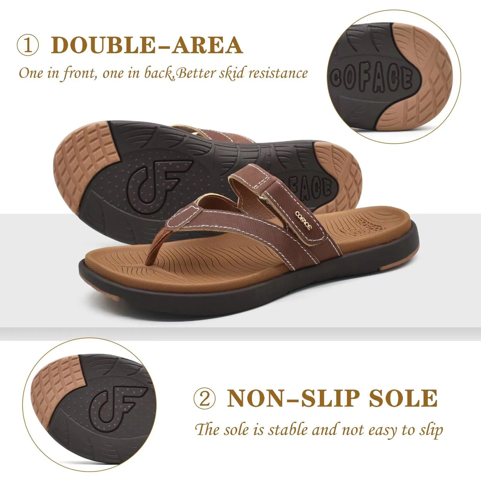 COFACE Damen Flip-Flops mit Fußbett, orthopädisch, Leder, breite Passform – ideal für Sommer, Strand & Plantarfasziitis, Größe 8