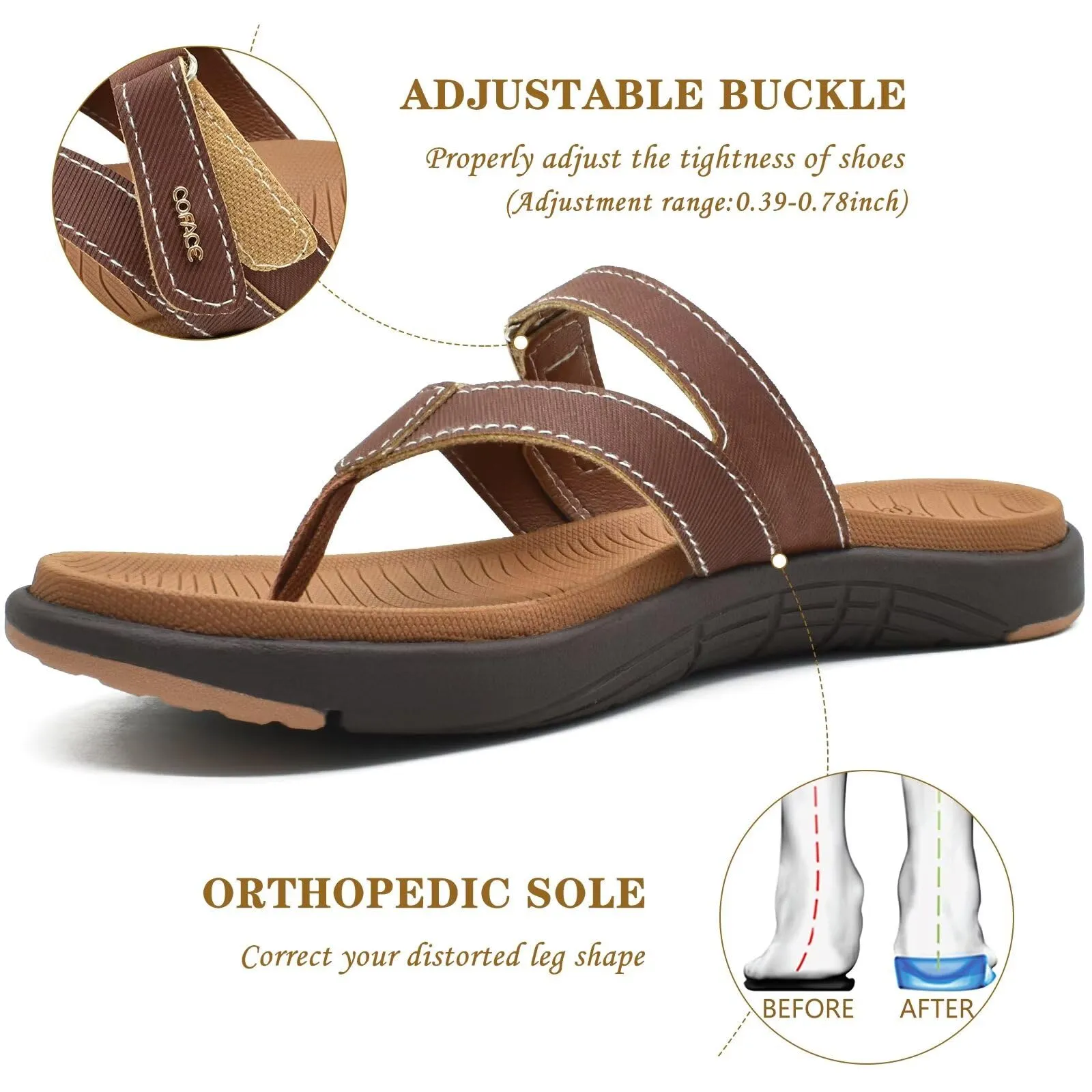 COFACE Damen Flip-Flops mit Fußbett, orthopädisch, Leder, breite Passform – ideal für Sommer, Strand & Plantarfasziitis, Größe 8