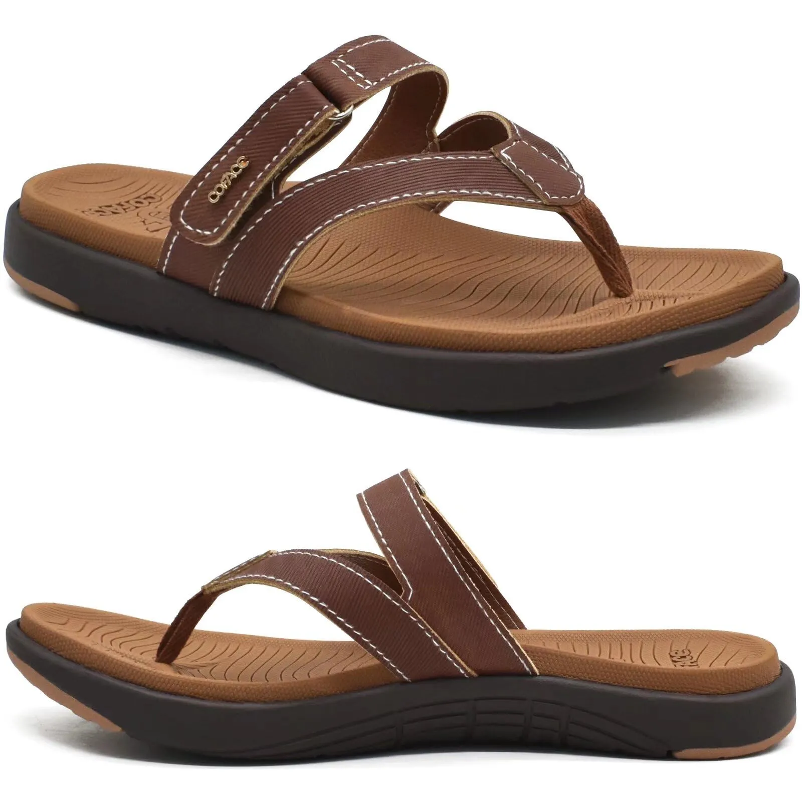 COFACE Damen Flip-Flops mit Fußbett, orthopädisch, Leder, breite Passform – ideal für Sommer, Strand & Plantarfasziitis, Größe 8