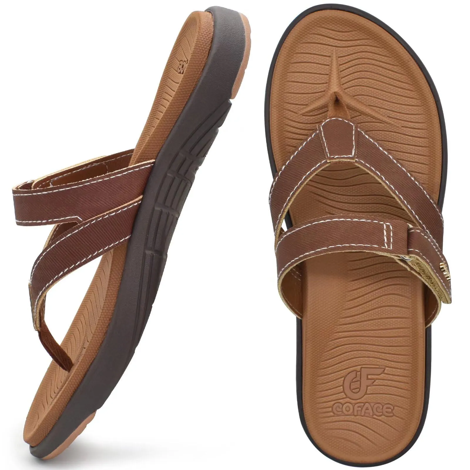 COFACE Damen Flip-Flops mit Fußbett, orthopädisch, Leder, breite Passform – ideal für Sommer, Strand & Plantarfasziitis, Größe 8