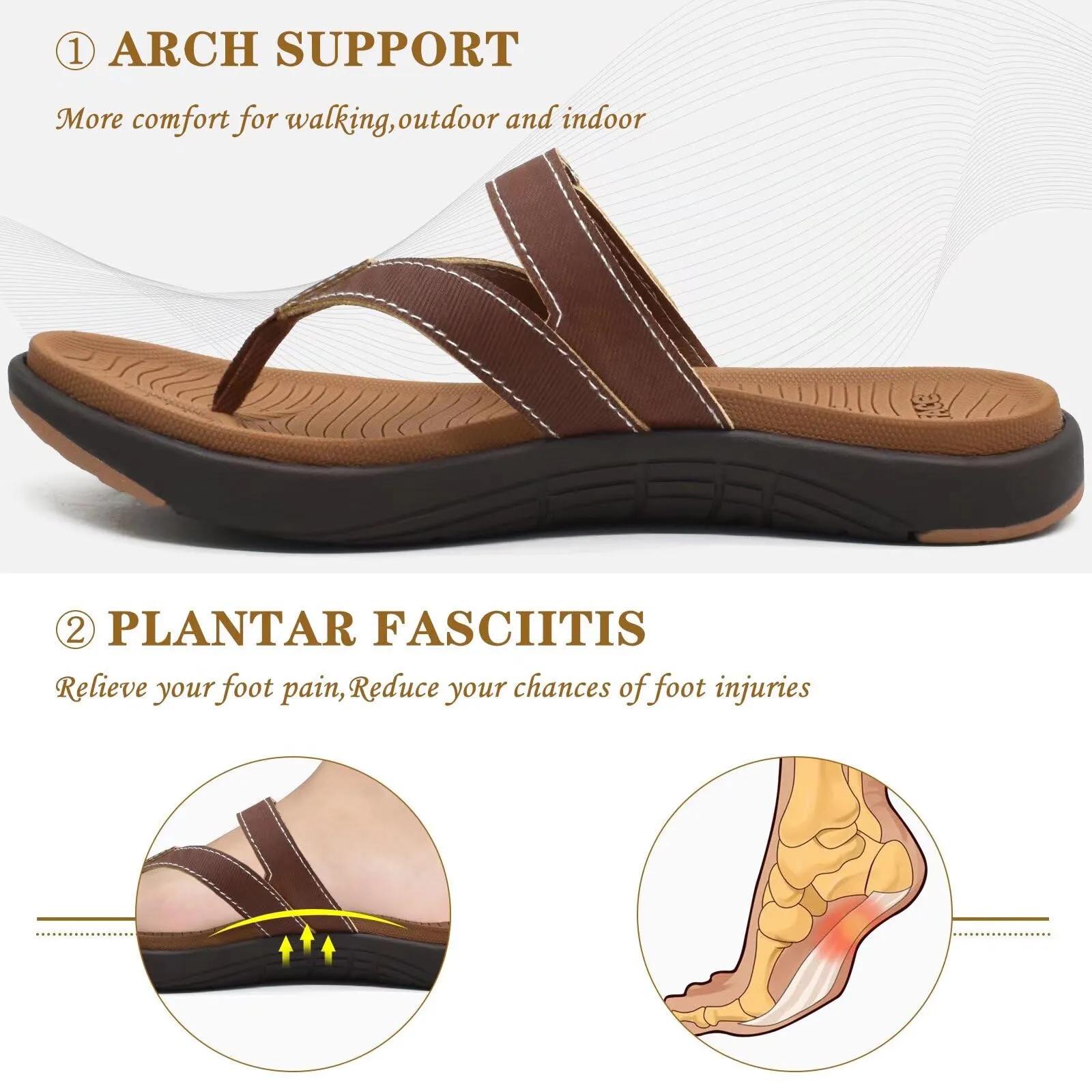COFACE Damen Flip-Flops mit Fußbett, orthopädisch, Leder, breite Passform – ideal für Sommer, Strand & Plantarfasziitis, Größe 8