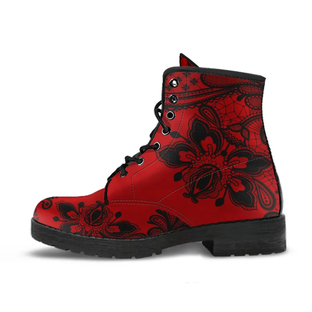 Combat Boots-Gothic Lace Print 103 Red