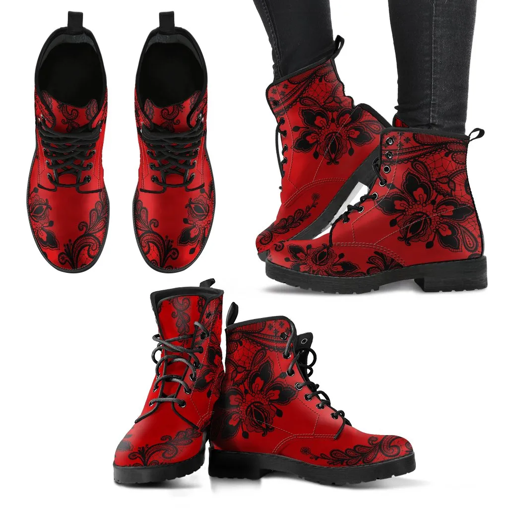 Combat Boots-Gothic Lace Print 103 Red