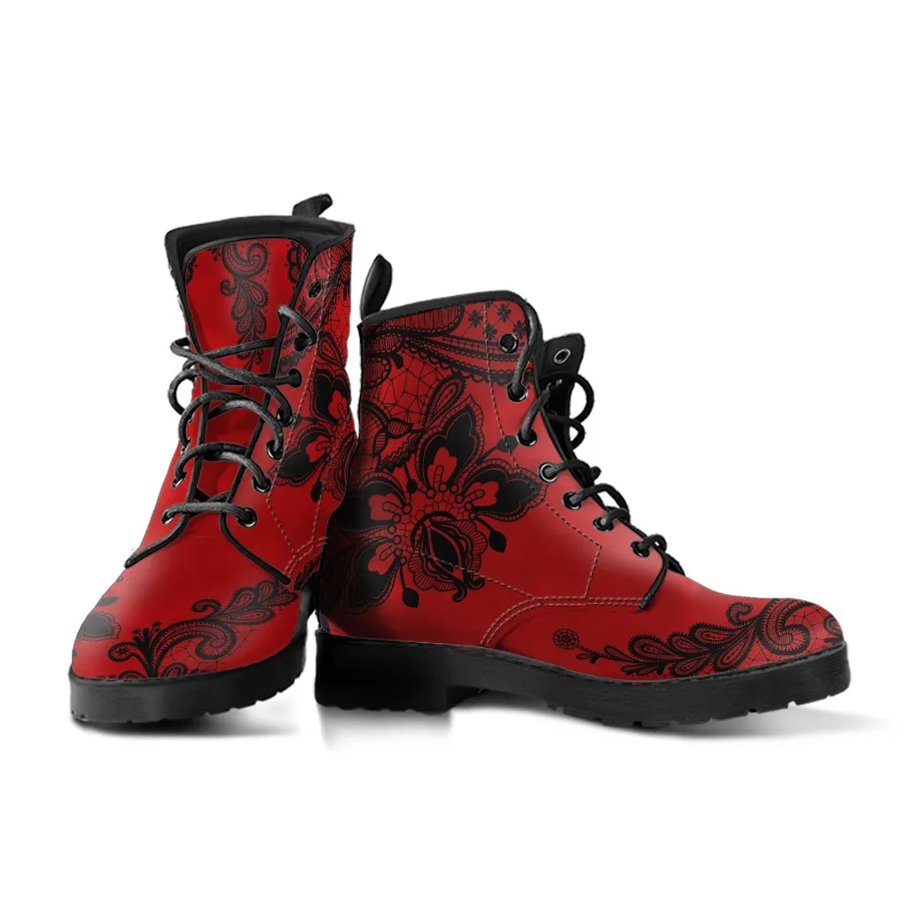 Combat Boots-Gothic Lace Print 103 Red
