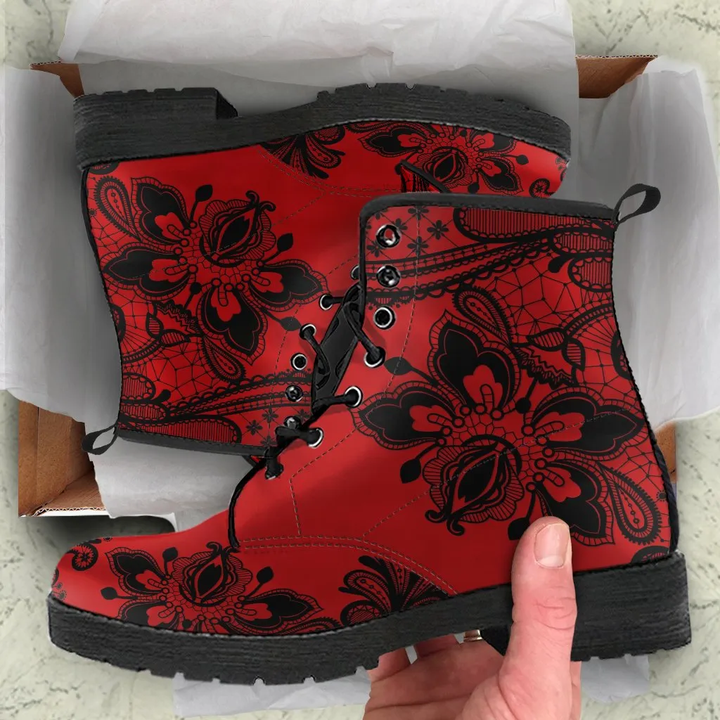 Combat Boots-Gothic Lace Print 103 Red