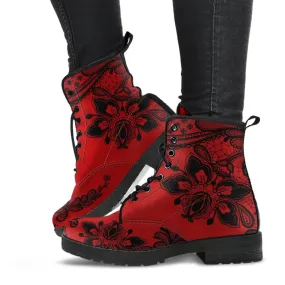 Combat Boots-Gothic Lace Print 103 Red