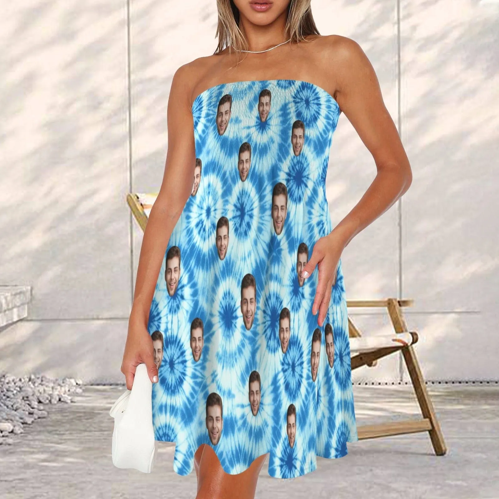 Custom Face Blue Tie Dye Women's Tube Top Pleated Party Dress