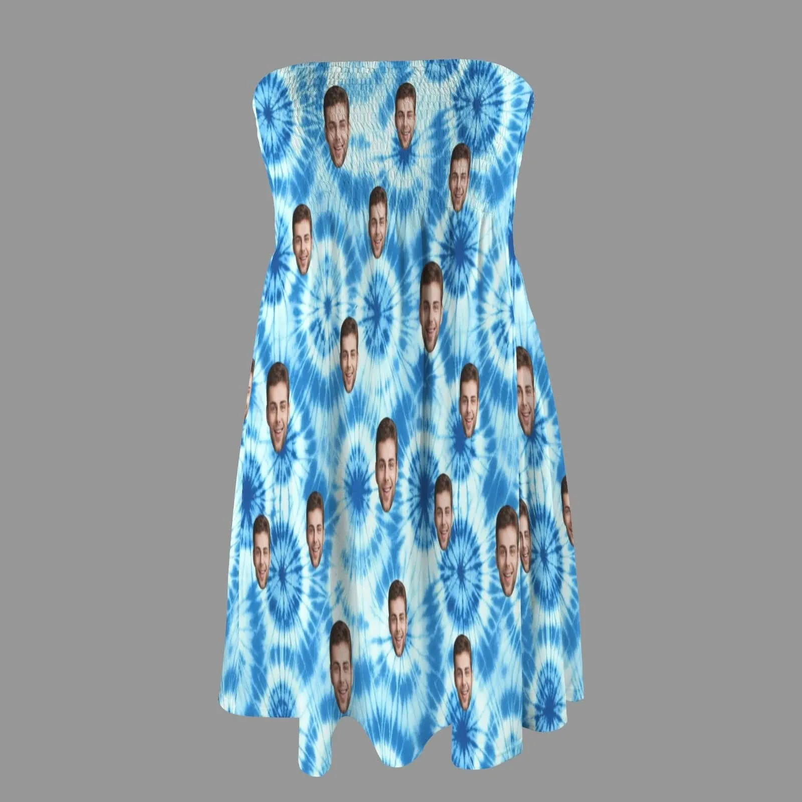 Custom Face Blue Tie Dye Women's Tube Top Pleated Party Dress