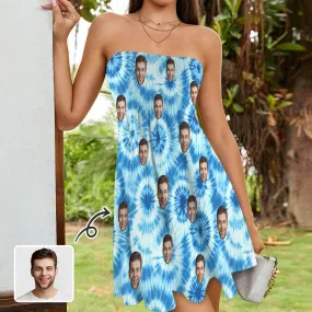 Custom Face Blue Tie Dye Women's Tube Top Pleated Party Dress