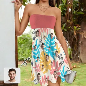 Custom Face Colorful Leaves Women's Tube Top Pleated Party Dress