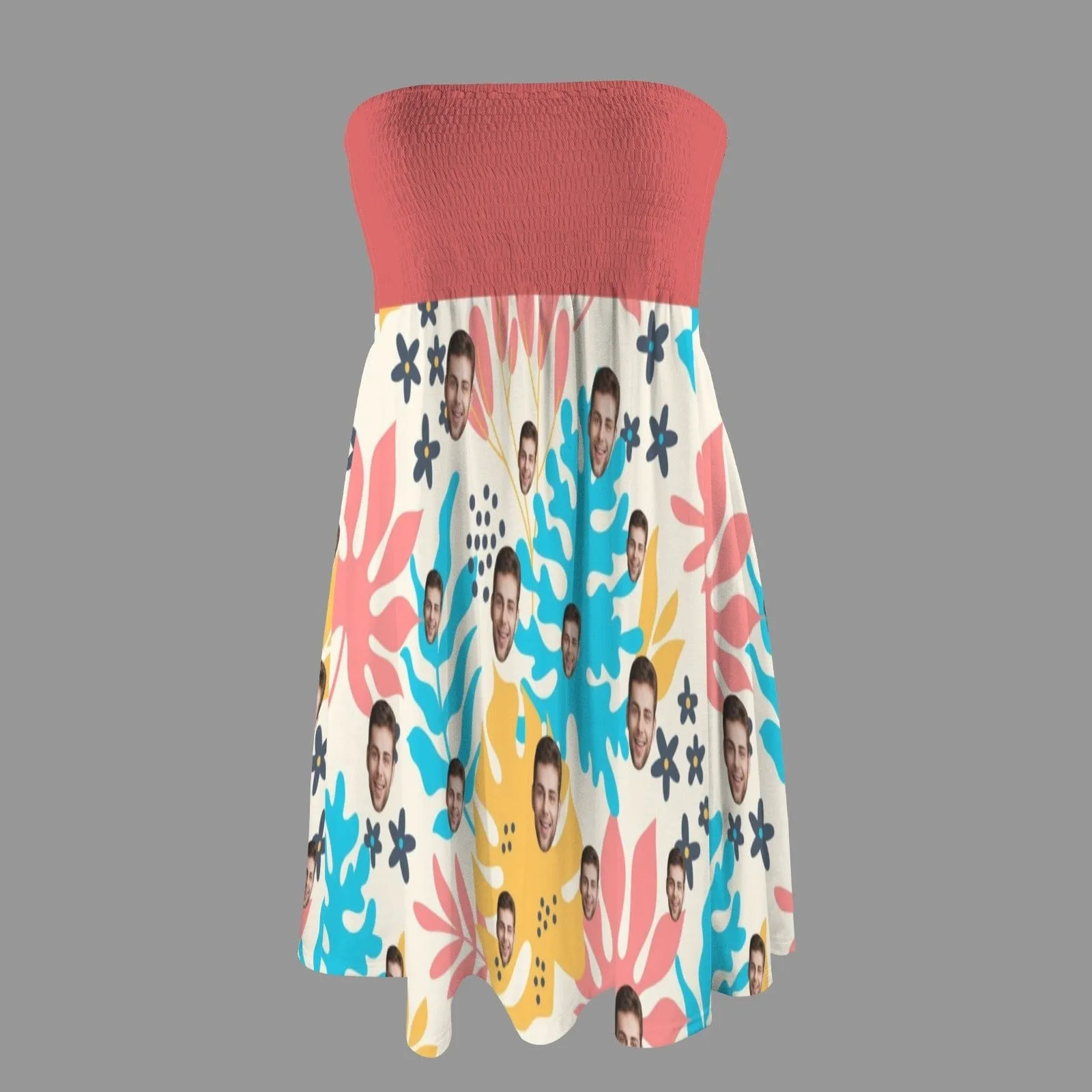 Custom Face Colorful Leaves Women's Tube Top Pleated Party Dress