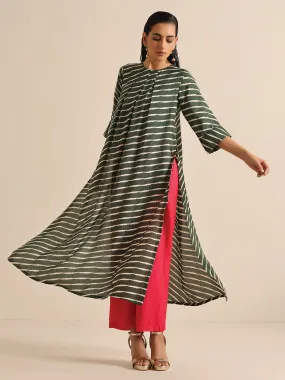 Dark Green Lehariya Printed Silk Kurta Pant Set