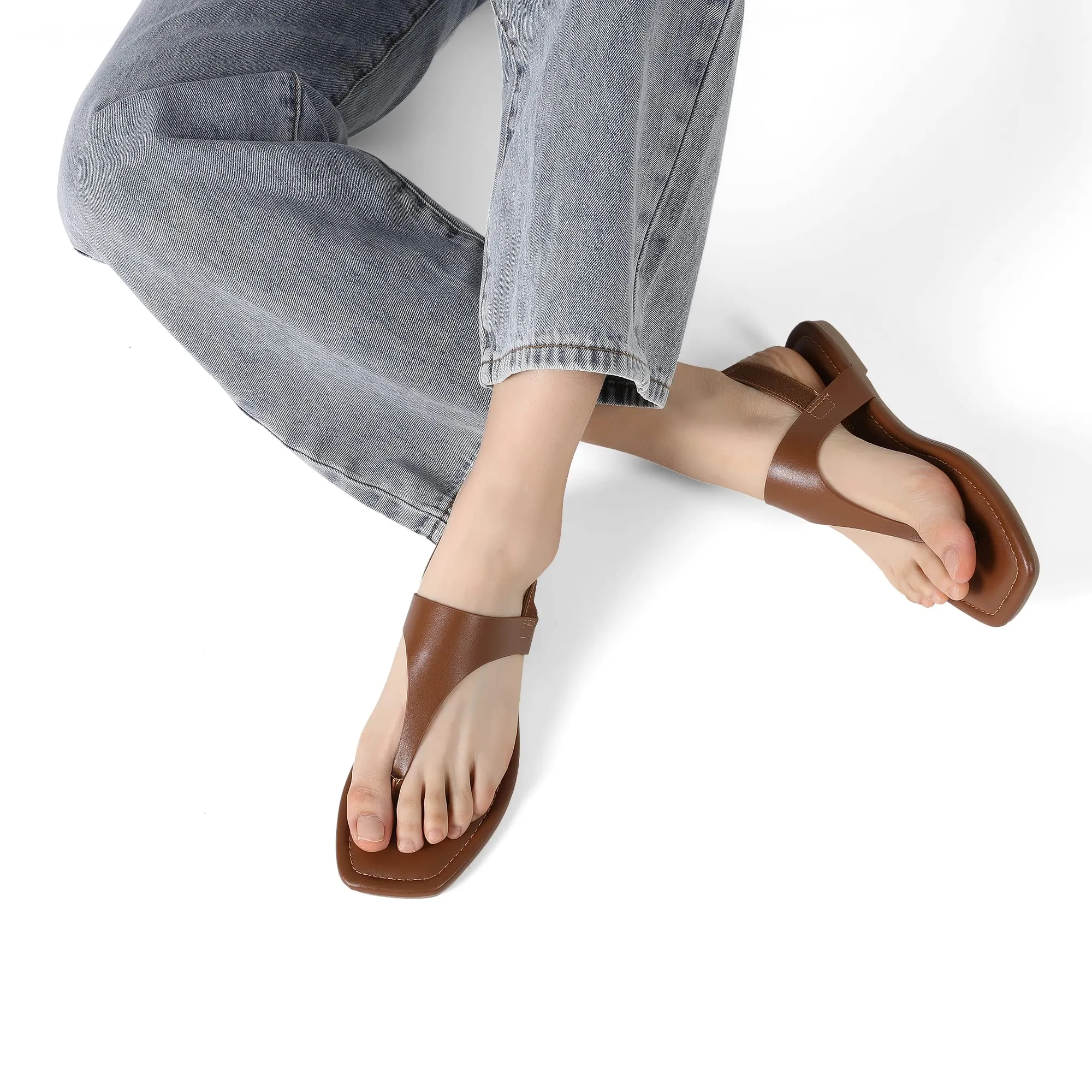 DREAM PAIRS Sandals Brown Summer Casual Comfortable Thong Elastic Flat Sandals