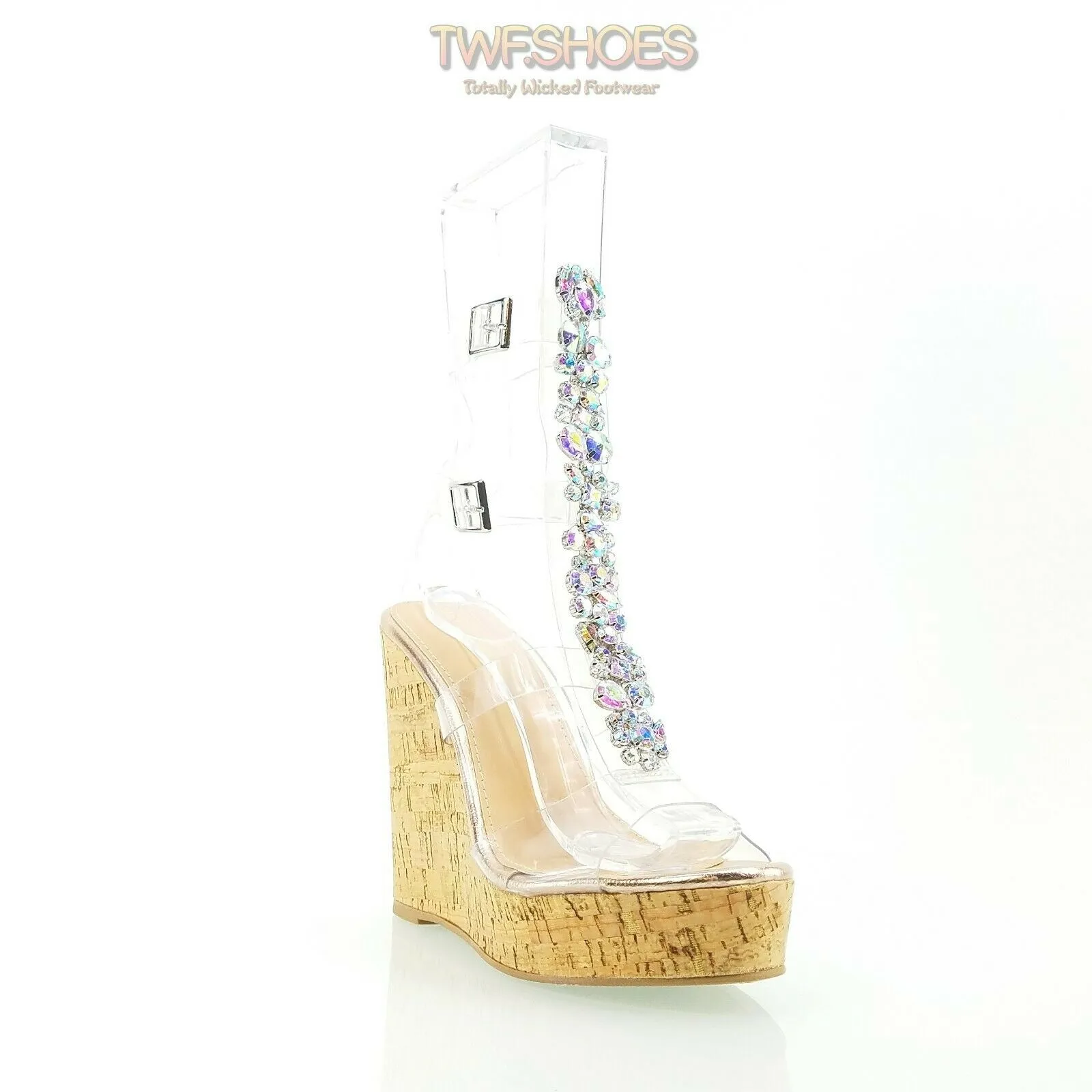 Eleet 5" Cork Wedge Rhinestone Crystal Jeweled High Heel Sandals Shoes Rose Gold