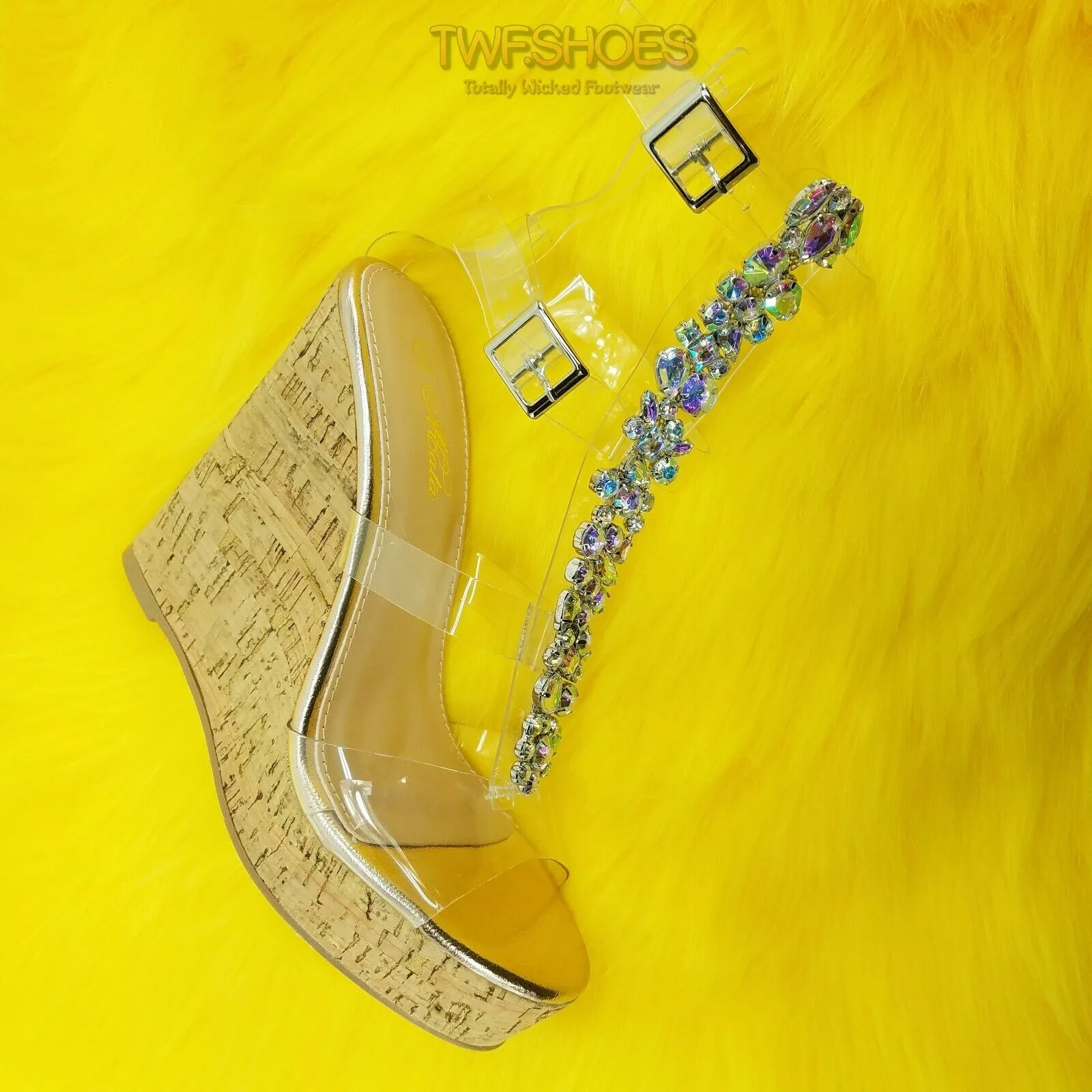 Eleet 5" Cork Wedge Rhinestone Crystal Jeweled High Heel Sandals Shoes Rose Gold