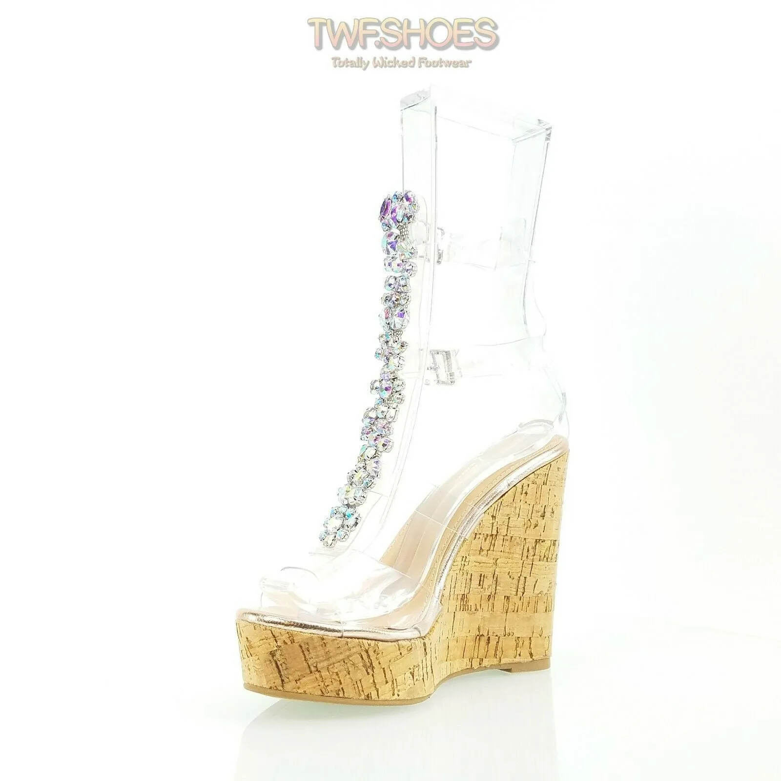 Eleet 5" Cork Wedge Rhinestone Crystal Jeweled High Heel Sandals Shoes Rose Gold