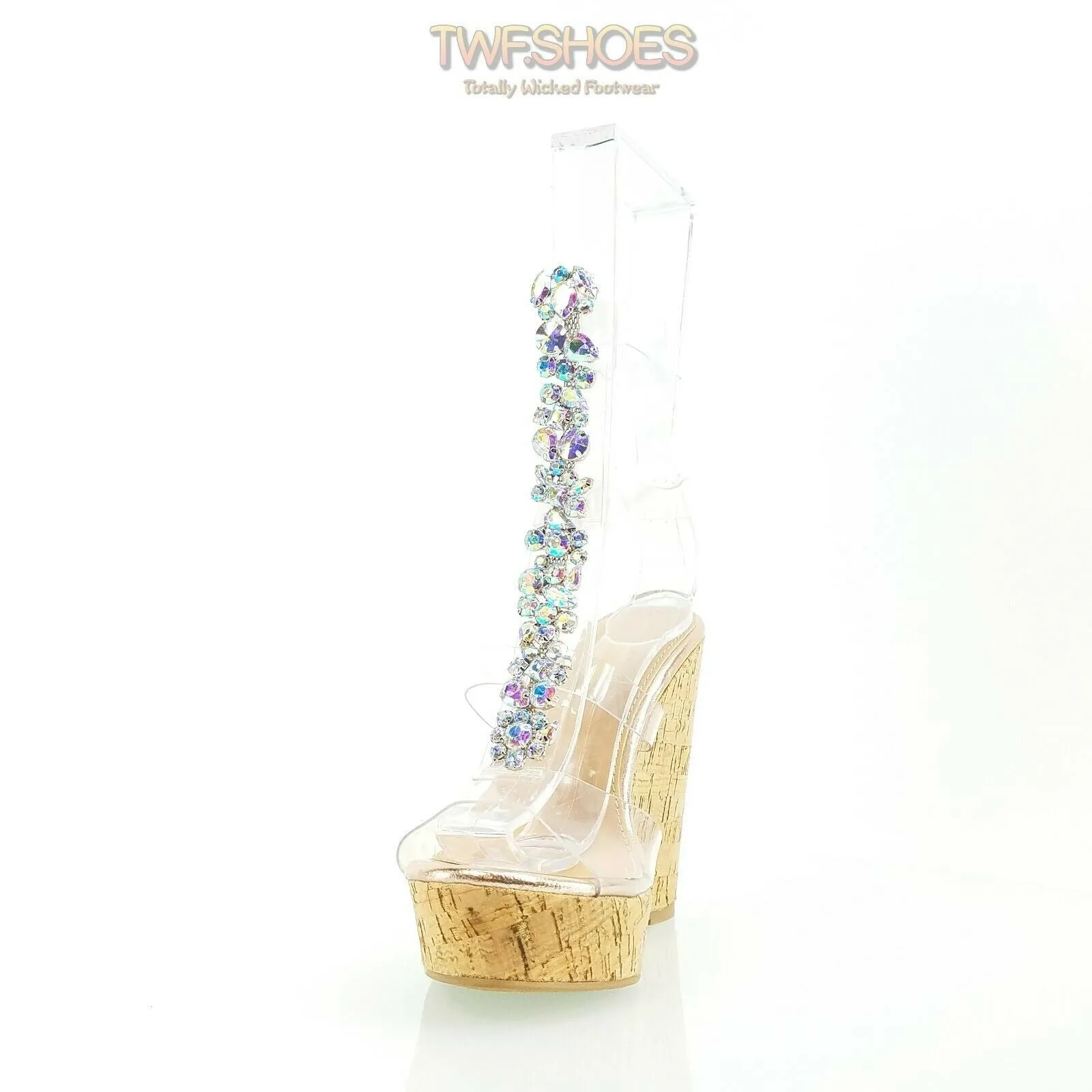 Eleet 5" Cork Wedge Rhinestone Crystal Jeweled High Heel Sandals Shoes Rose Gold