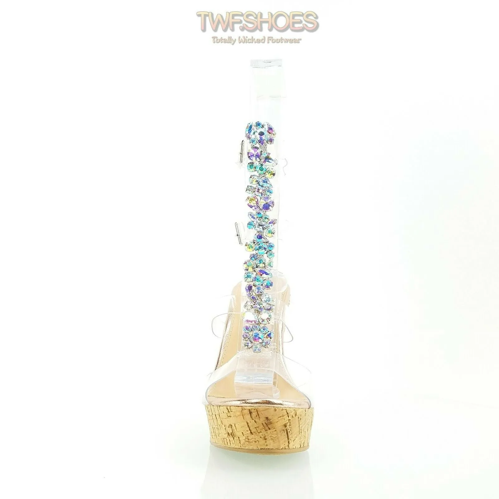 Eleet 5" Cork Wedge Rhinestone Crystal Jeweled High Heel Sandals Shoes Rose Gold