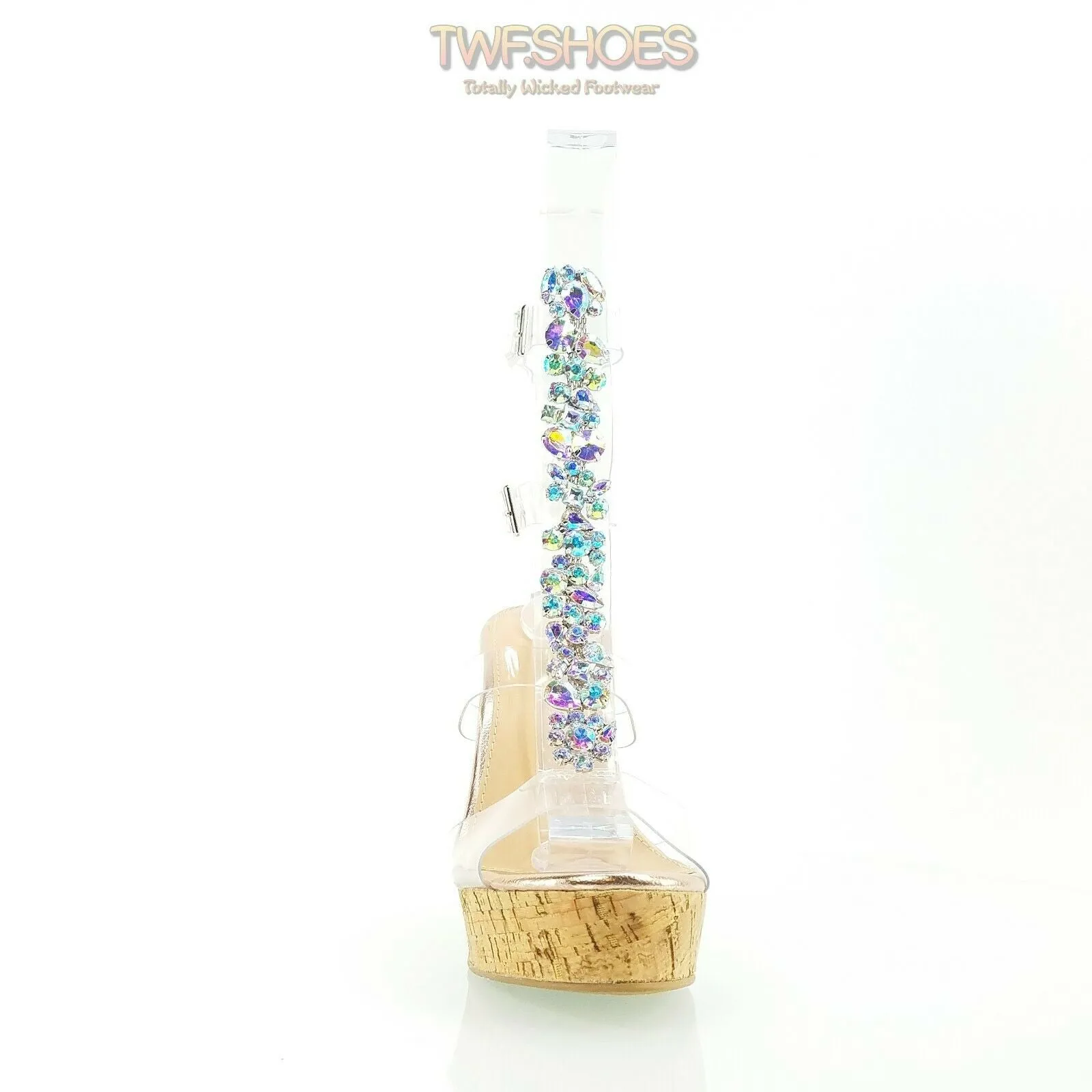 Eleet 5" Cork Wedge Rhinestone Crystal Jeweled High Heel Sandals Shoes Rose Gold
