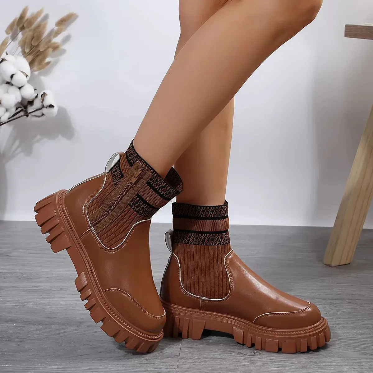 Fashion Mid-tube Boots With Zipper Design Non-slip Thick Sole Elastic Knitted Patchwork Boots For Women Round Toe Shoes Winter
