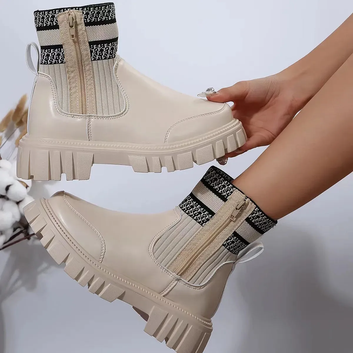 Fashion Mid-tube Boots With Zipper Design Non-slip Thick Sole Elastic Knitted Patchwork Boots For Women Round Toe Shoes Winter