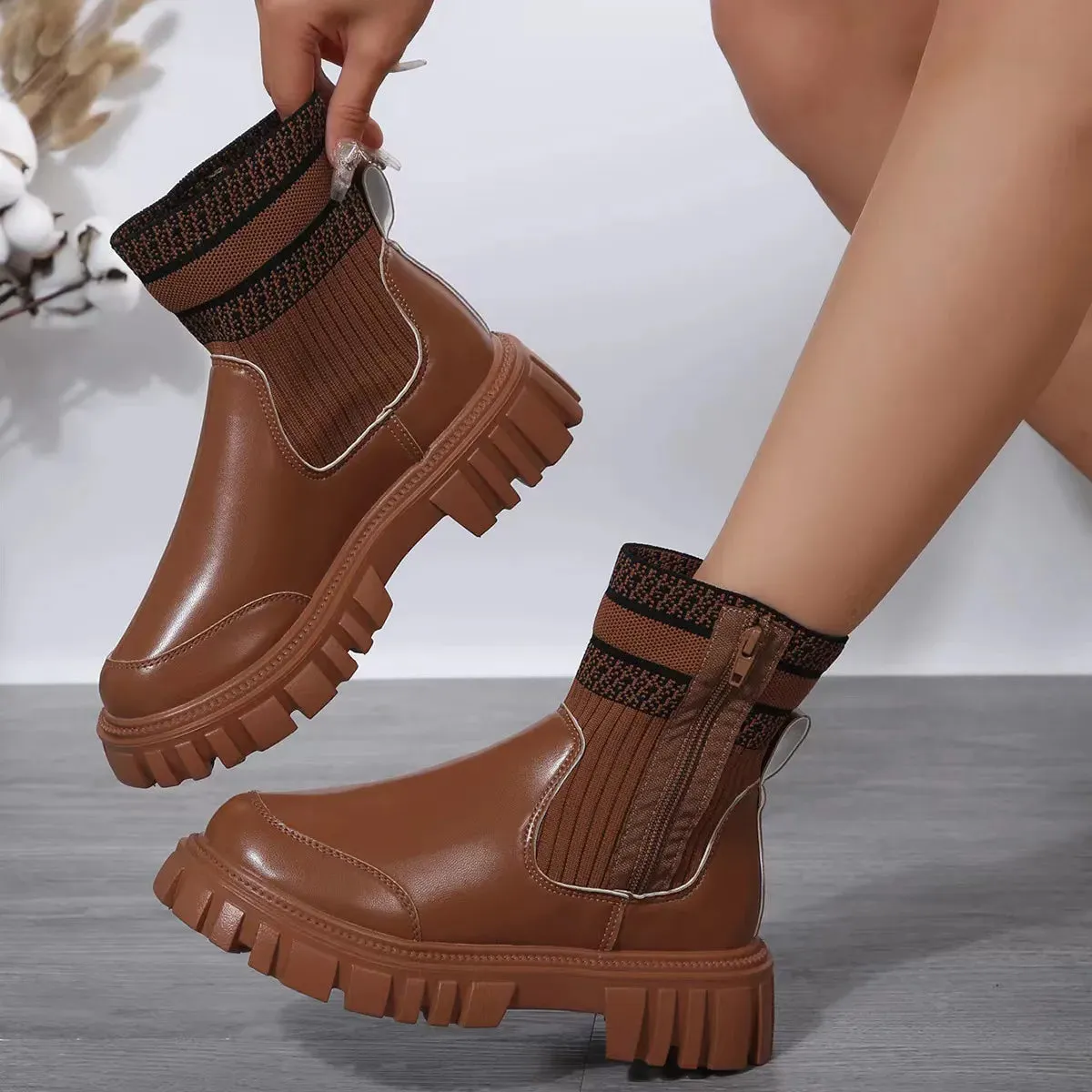 Fashion Mid-tube Boots With Zipper Design Non-slip Thick Sole Elastic Knitted Patchwork Boots For Women Round Toe Shoes Winter