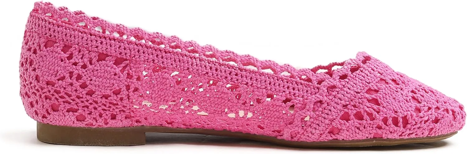 FEVERSOLE Women's Comfort Breathable Knit Crochet Shoes Lace Ballet Flats